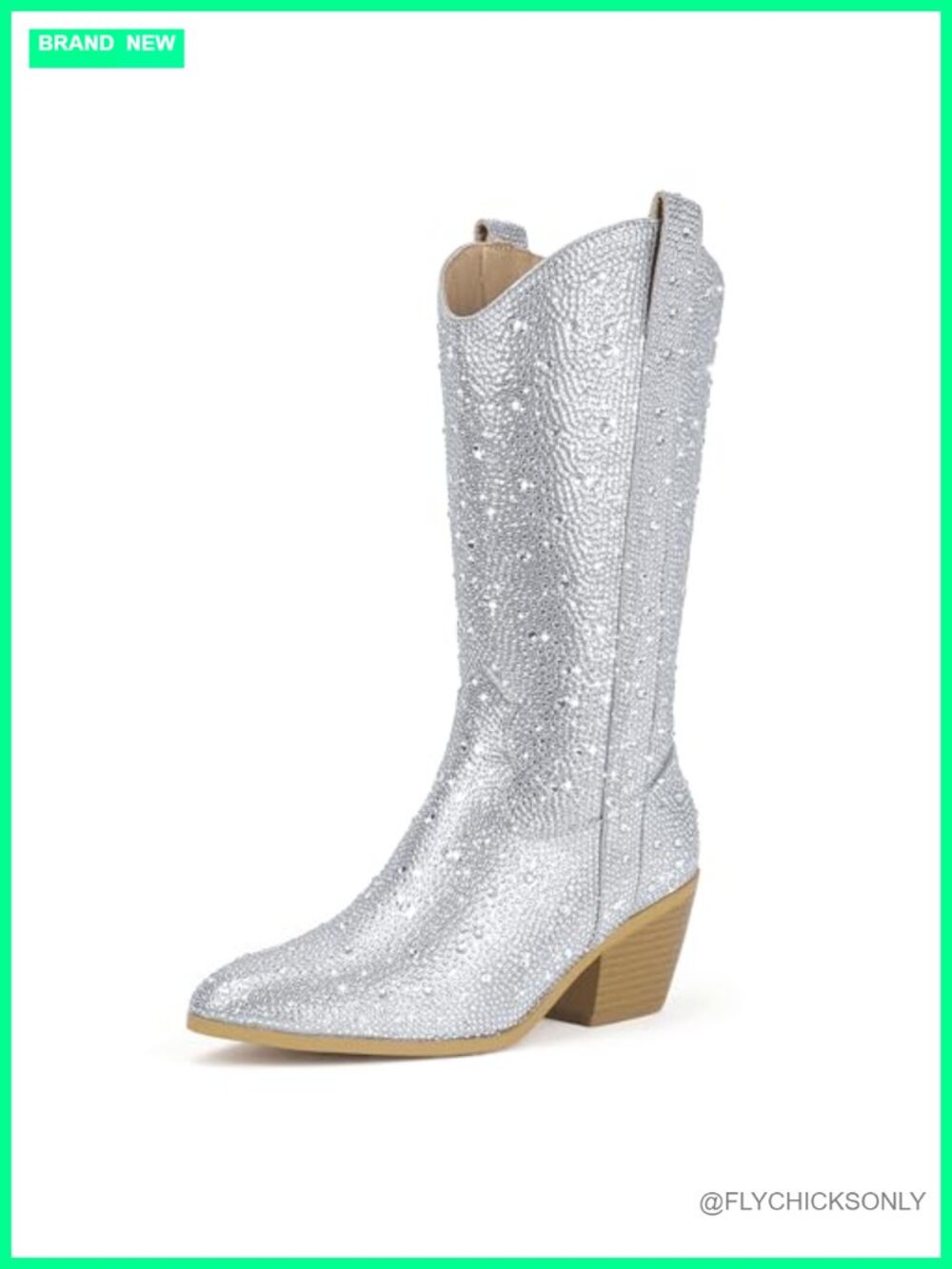 Rhinestone Mid Calf Western Cowgirl Boots Pointed Toe Block Heel